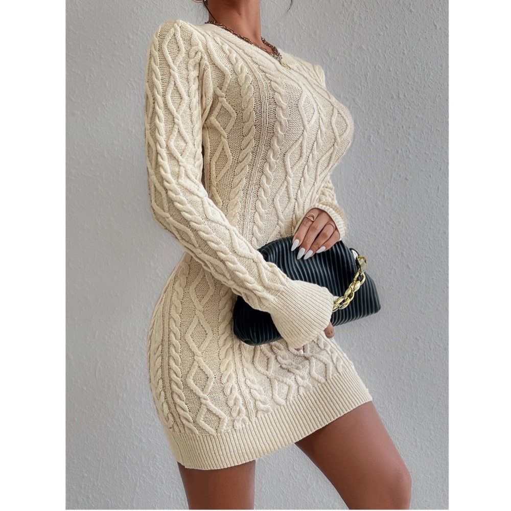 Beige Sweater Dress Cable Knit Backless Round Neck Long Sleeve Short - Picture 3 of 9